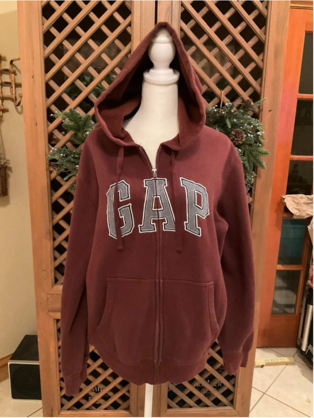 GAP Burgundy Full Zip Logo Hoodie Fleece Lined Size Large